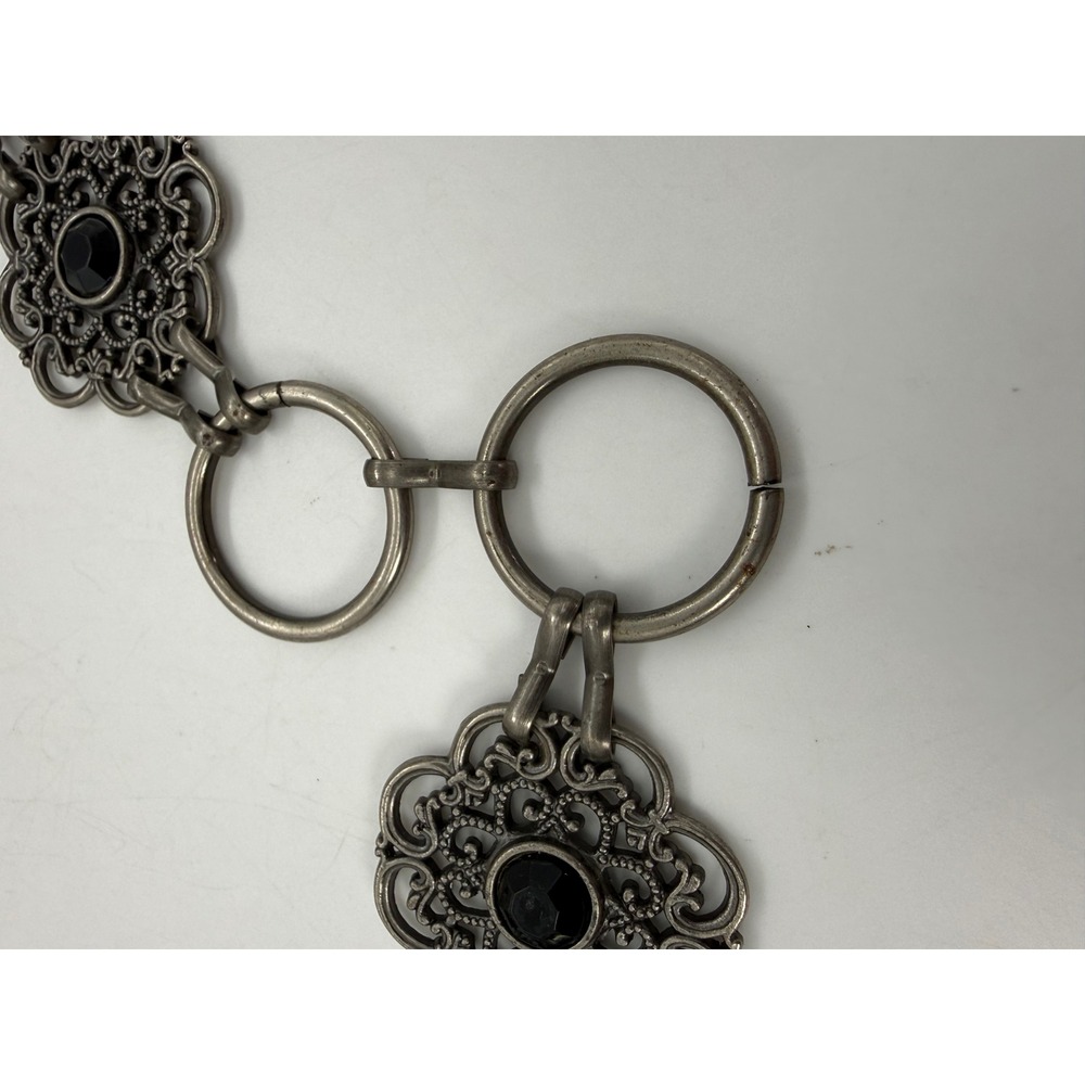 Vintage Silver Filigree Chain Belt Black Gemstone Medallion Boho Goth 48 Inch - Picture 7 of 9